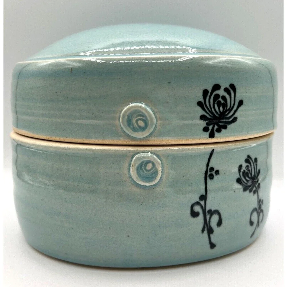 Covered Casserole Dish Oval Studio Art Pottery Aqua Blue Signed Marissa Unique